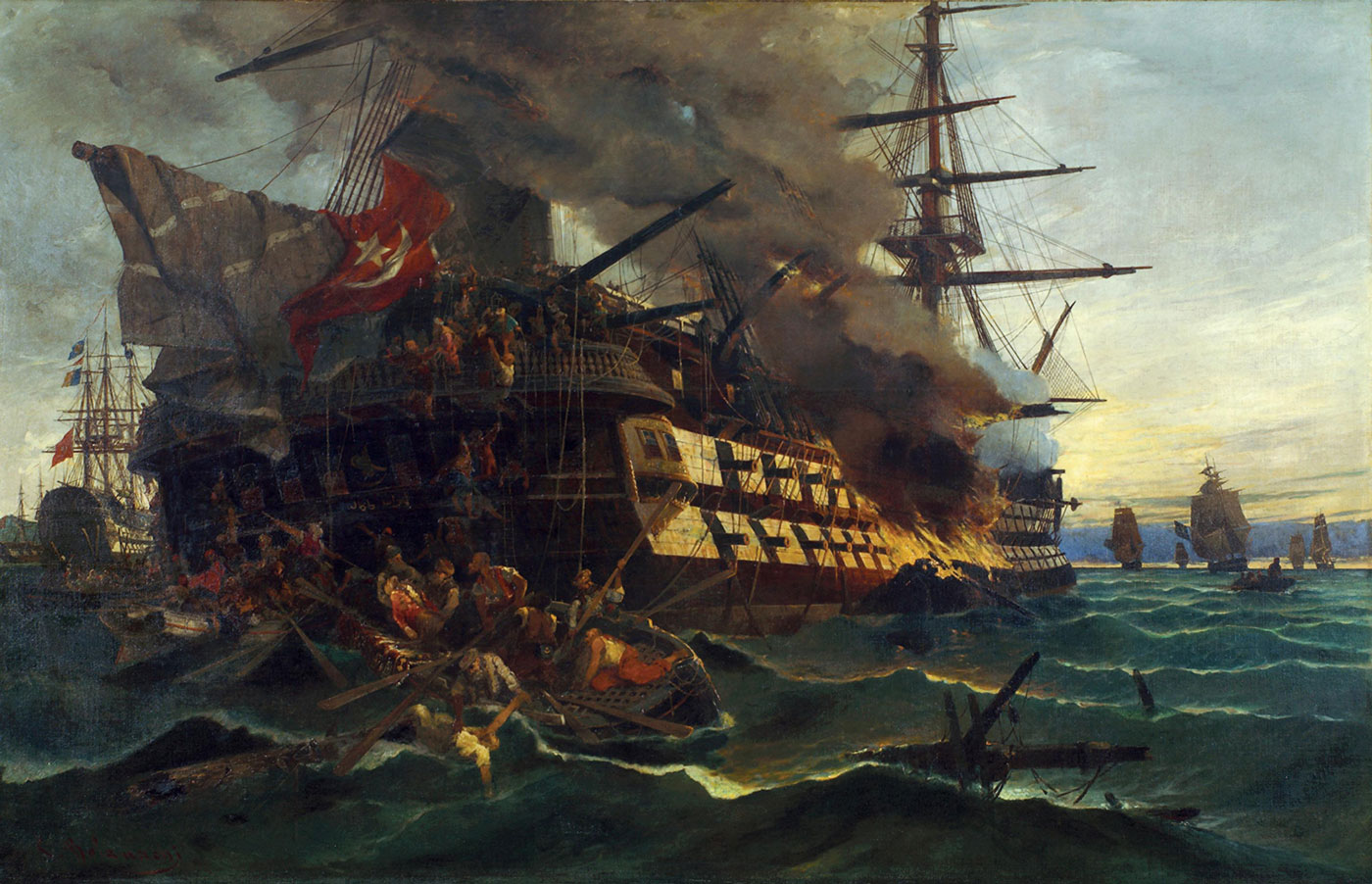 Ιστορικά ναυτικά θέματα. Η πυρπόληση του τουρκικού δικρότου στην Ερεσσό, 1882, λάδι σε καμβά, 110Χ150 εκ. Συλλογή Ναυτικού Μουσείου της Ελλάδος.